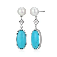 Genuine Turquoise, Pearl, and White Topaz Drop Earring in Rhodium Plated Sterling Silver