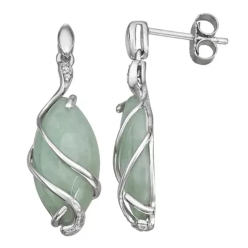 Marquise Genuine Jade and Diamond Accent Drop Earrings with Twist Embellishment in Rhodium Plated Sterling Silver