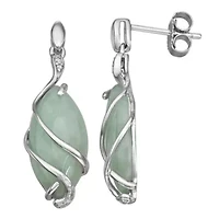 Marquise Genuine Jade and Diamond Accent Drop Earrings with Twist Embellishment in Rhodium Plated Sterling Silver