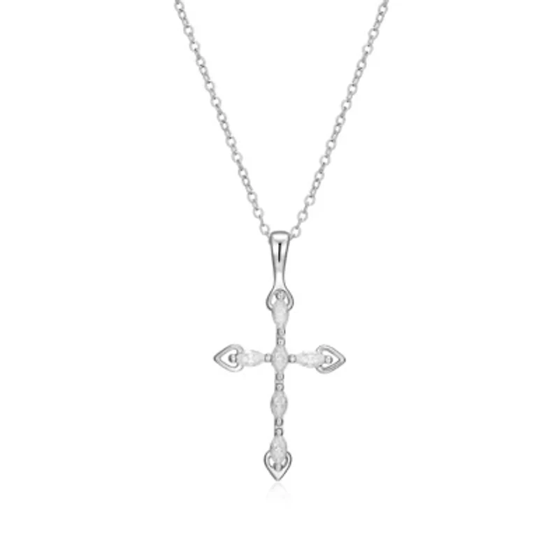 Lab Created Rhodium Plated Sterling Silver Women's Created Moissanite Minimalist Cross Pendant Necklace
