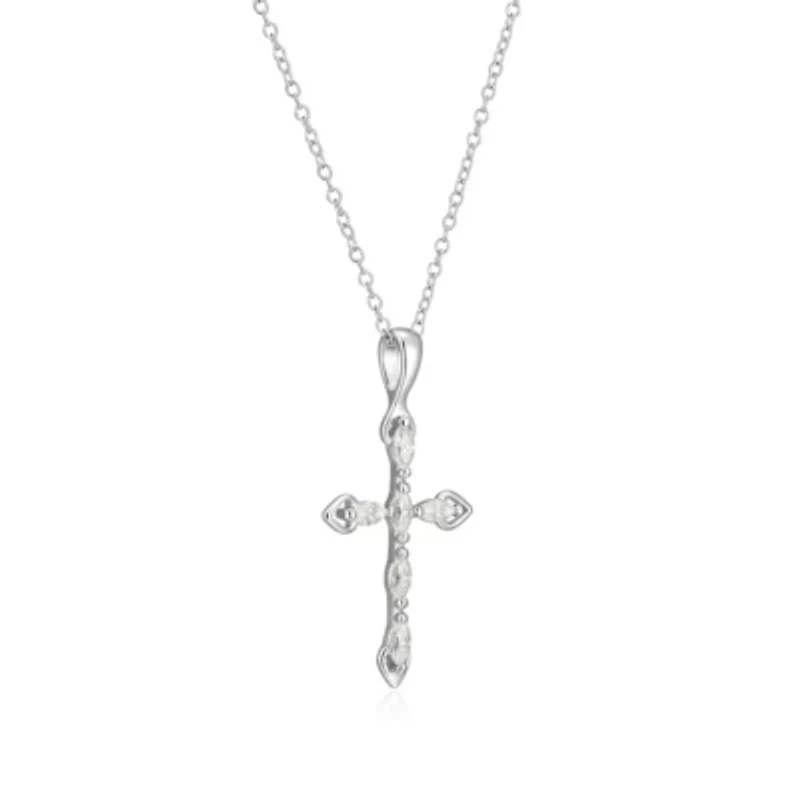 Lab Created Rhodium Plated Sterling Silver Women's Created Moissanite Minimalist Cross Pendant Necklace