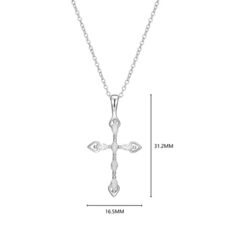 Lab Created Rhodium Plated Sterling Silver Women's Created Moissanite Minimalist Cross Pendant Necklace