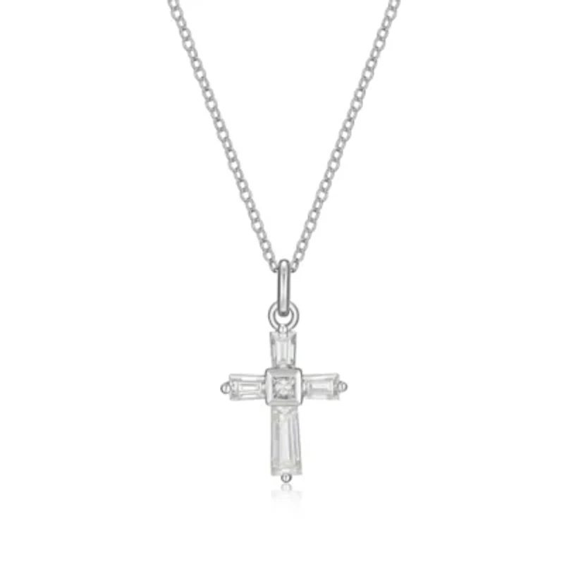 Lab Created Rhodium Plated Sterling Silver Women's Created Moissanite Cross Pendant Necklace