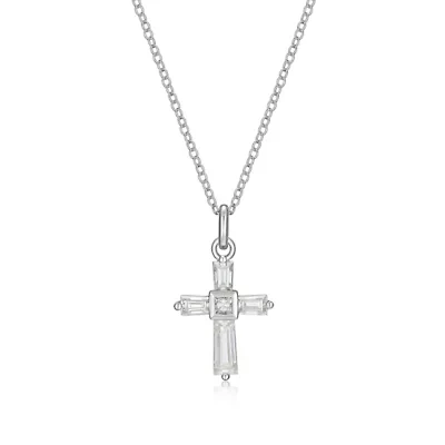 Lab Created Rhodium Plated Sterling Silver Women's Created Moissanite Cross Pendant Necklace