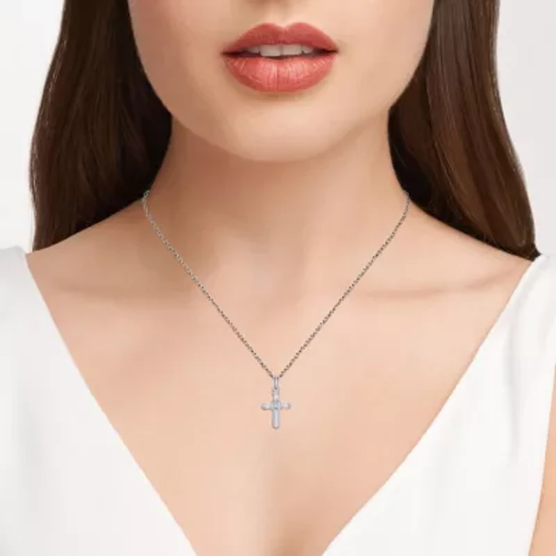 Lab Created Rhodium Plated Sterling Silver Women's Created Moissanite Cross Pendant Necklace