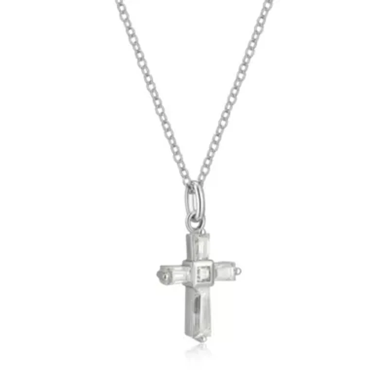 Lab Created Rhodium Plated Sterling Silver Women's Created Moissanite Cross Pendant Necklace