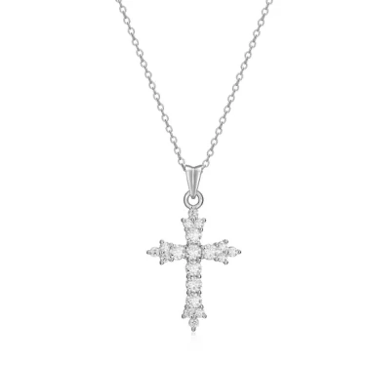 Lab Created Rhodium Plated Sterling Silver Women's Created Moissanite Cluster Cross Pendant Necklace