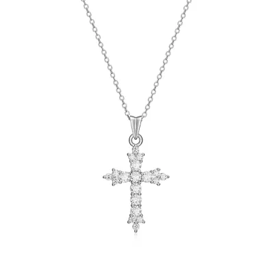 Lab Created Rhodium Plated Sterling Silver Women's Created Moissanite Cluster Cross Pendant Necklace