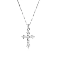 Lab Created Rhodium Plated Sterling Silver Women's Created Moissanite Cluster Cross Pendant Necklace