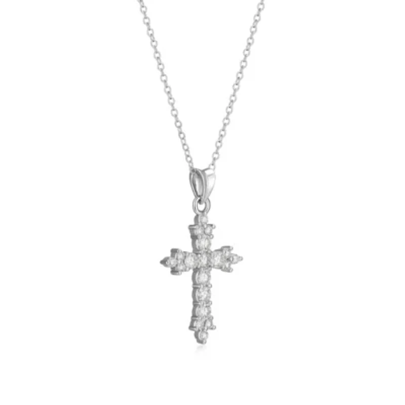 Lab Created Rhodium Plated Sterling Silver Women's Created Moissanite Cluster Cross Pendant Necklace