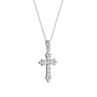 Lab Created Rhodium Plated Sterling Silver Women's Created Moissanite Cluster Cross Pendant Necklace