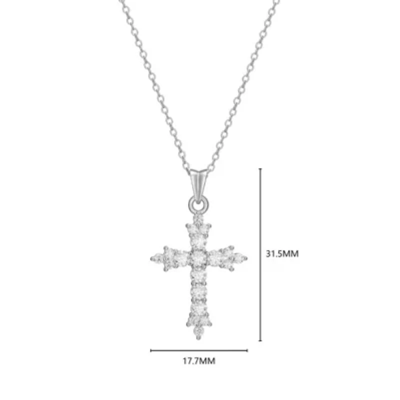 Lab Created Rhodium Plated Sterling Silver Women's Created Moissanite Cluster Cross Pendant Necklace