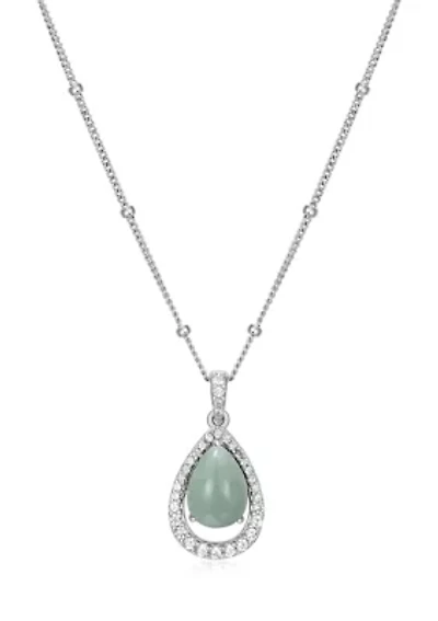 Genuine Green Jade and Created White Sapphire Pear Shape 18" Necklace in Sterling Silver