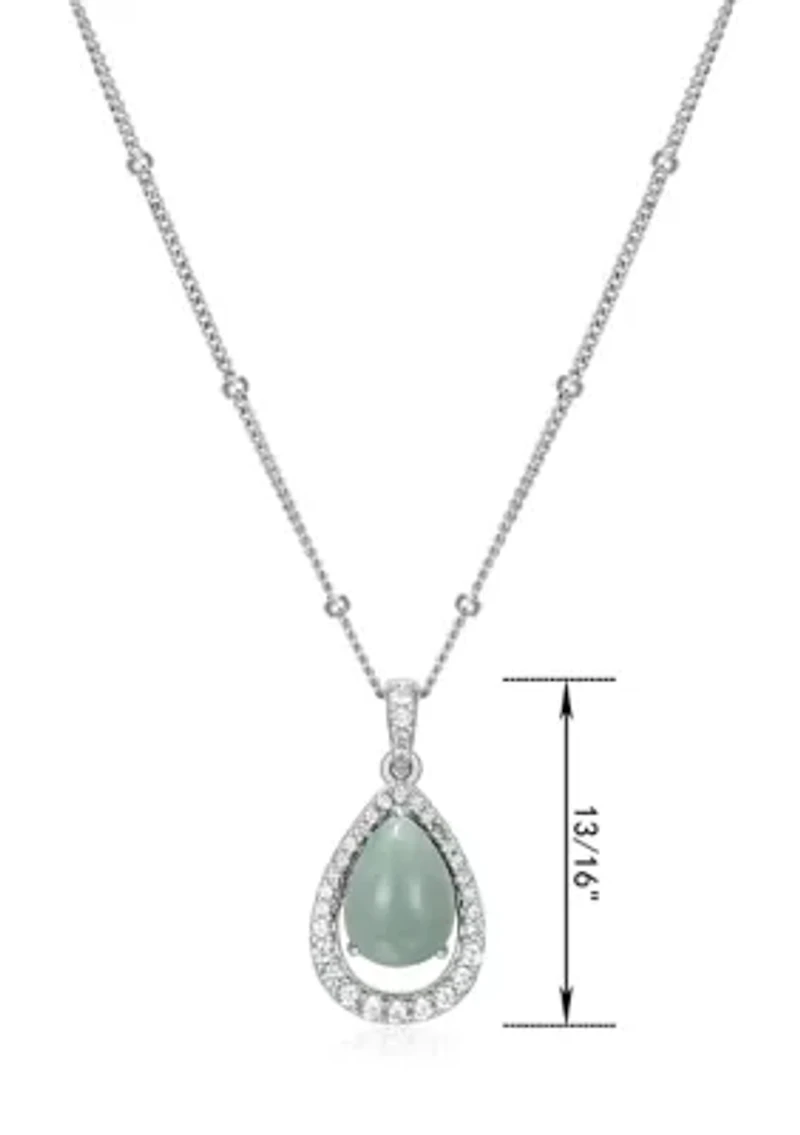 Genuine Green Jade and Created White Sapphire Pear Shape 18" Necklace in Sterling Silver