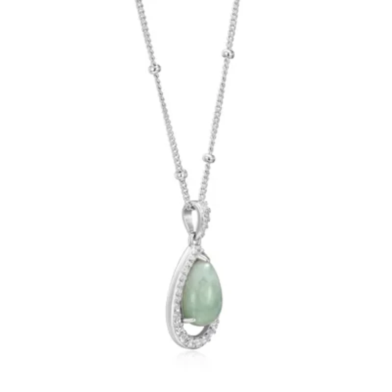 Genuine Green Jade and Created White Sapphire Pear Shape 18" Necklace in Sterling Silver