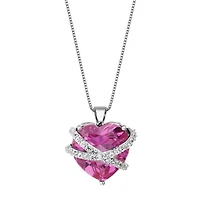Created Pink and white Sapphire Heart Pendant In Rhodium Plated Sterling Silver