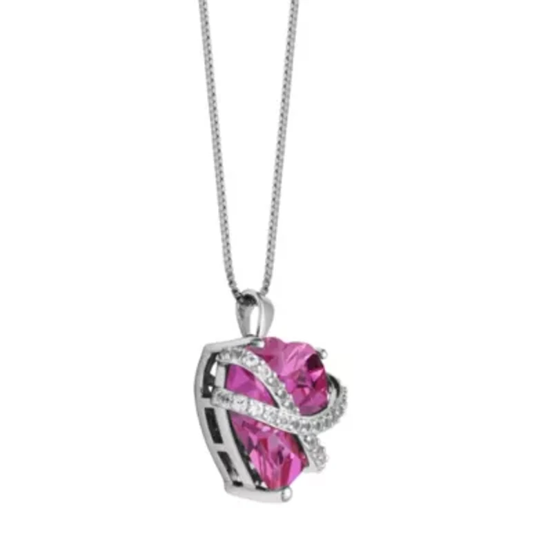 Created Pink and white Sapphire Heart Pendant In Rhodium Plated Sterling Silver