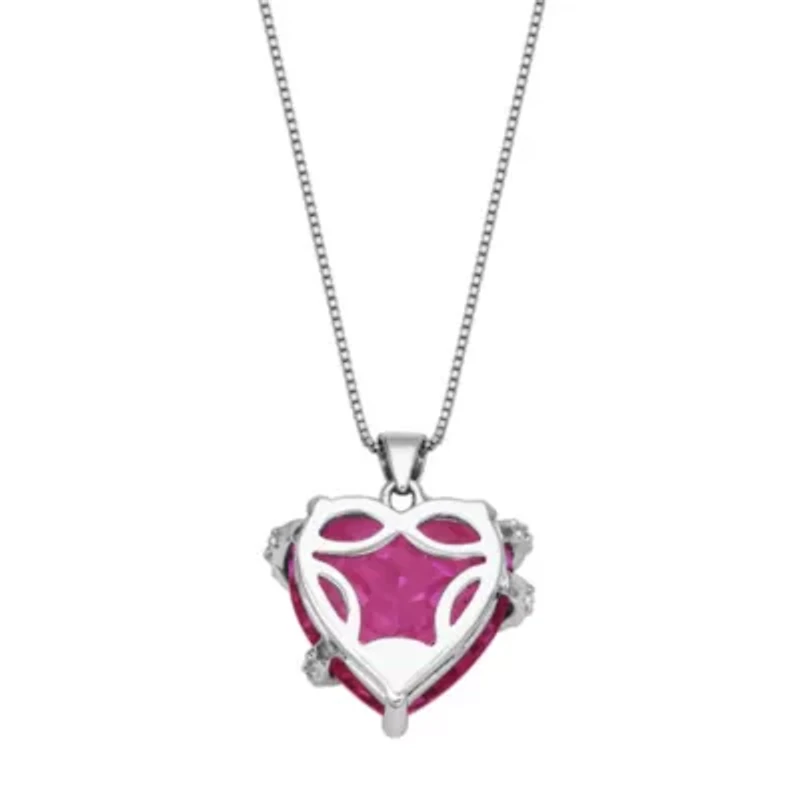 Created Pink and white Sapphire Heart Pendant In Rhodium Plated Sterling Silver