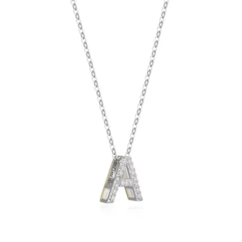 Lab Created Rhodium Plated Sterling Silver Women's Created Moissanite "A" Pendant Necklace