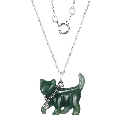 Genuine Nephrite Jade and Created White Sapphire Cat Pendant in Rhodium-plated Sterling Silver