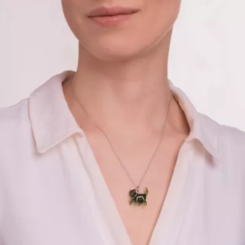 Genuine Nephrite Jade and Created White Sapphire Cat Pendant in Rhodium-plated Sterling Silver