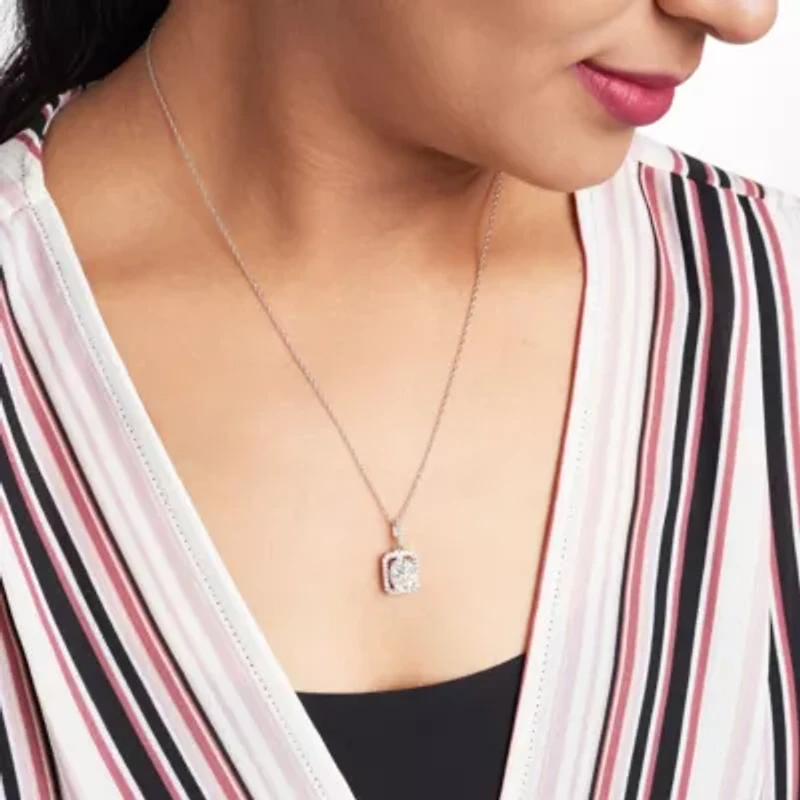 Lab Created Rhodium Plated Sterling Silver  Moissanite Halo Necklace