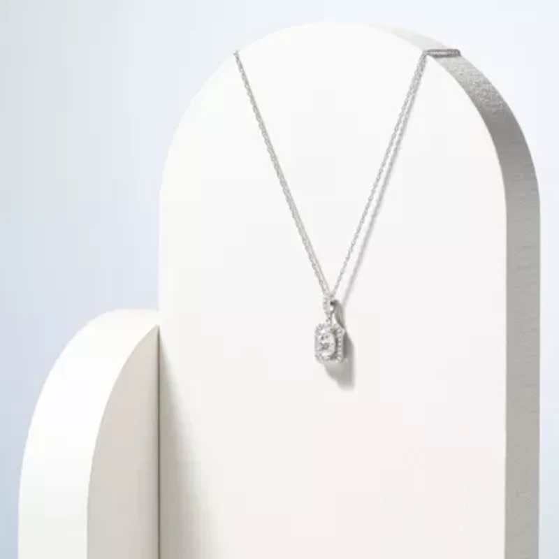 Lab Created Rhodium Plated Sterling Silver  Moissanite Halo Necklace