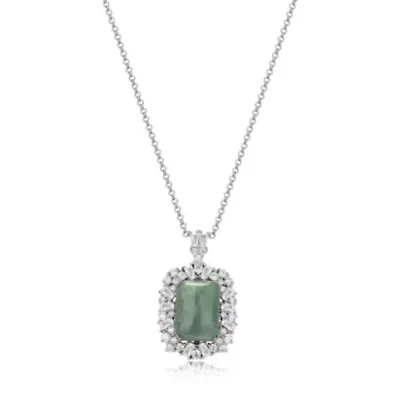 Rhodium Plated Sterling Silver Genuine Jade and Cubic Zirconia Scattered Halo Pendant Necklace