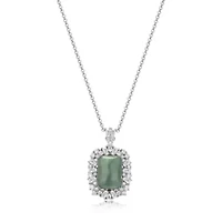 Rhodium Plated Sterling Silver Genuine Jade and Cubic Zirconia Scattered Halo Pendant Necklace