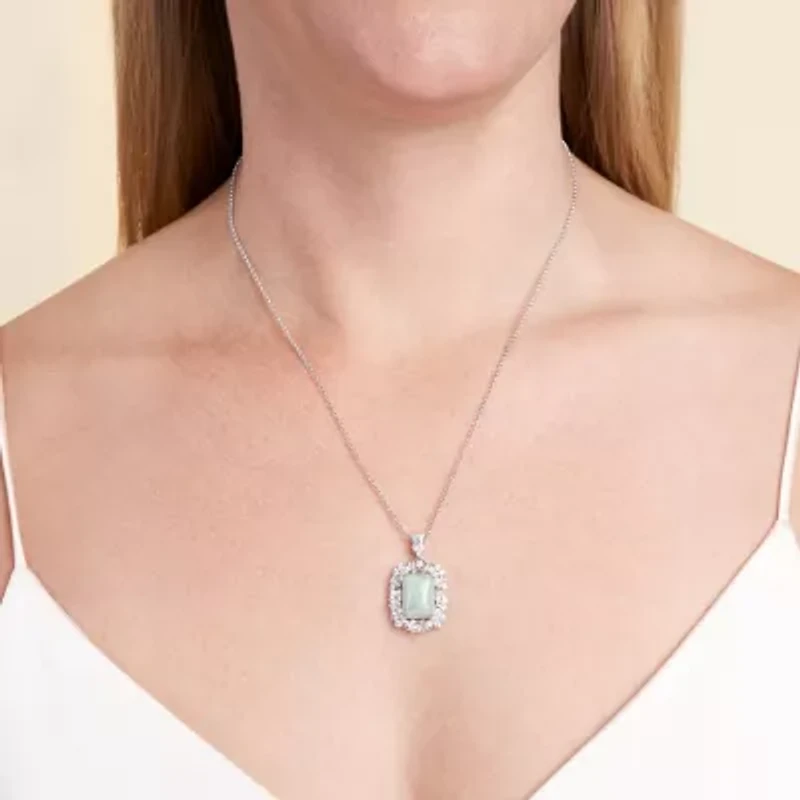Rhodium Plated Sterling Silver Genuine Jade and Cubic Zirconia Scattered Halo Pendant Necklace