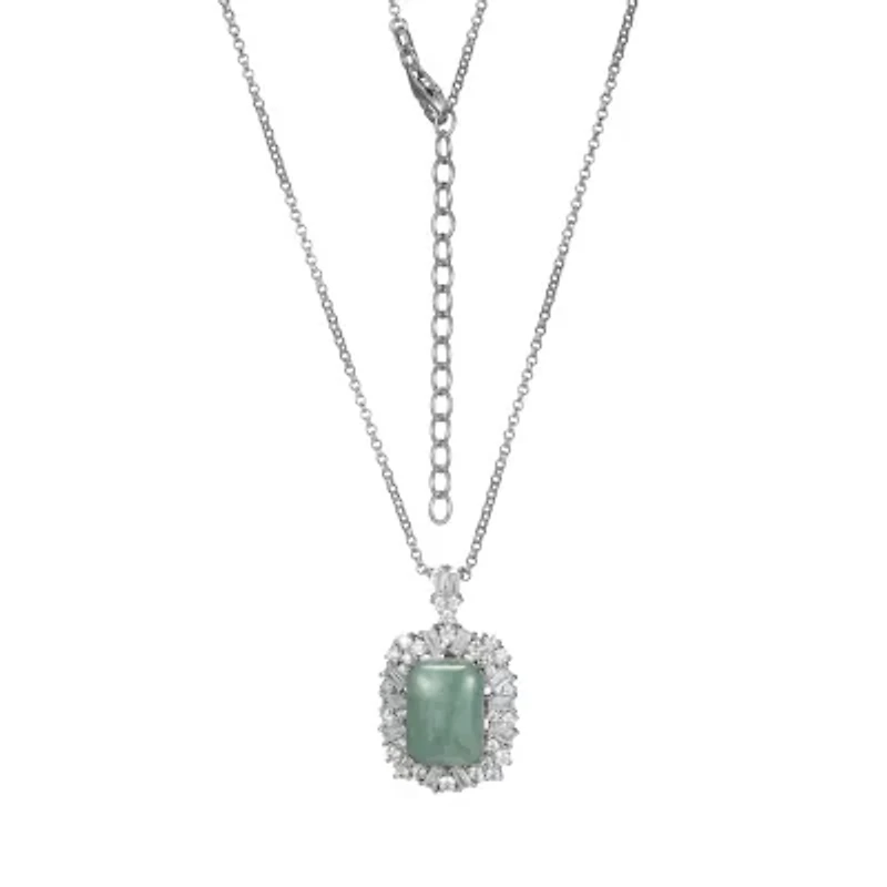 Rhodium Plated Sterling Silver Genuine Jade and Cubic Zirconia Scattered Halo Pendant Necklace