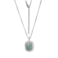 Rhodium Plated Sterling Silver Genuine Jade and Cubic Zirconia Scattered Halo Pendant Necklace