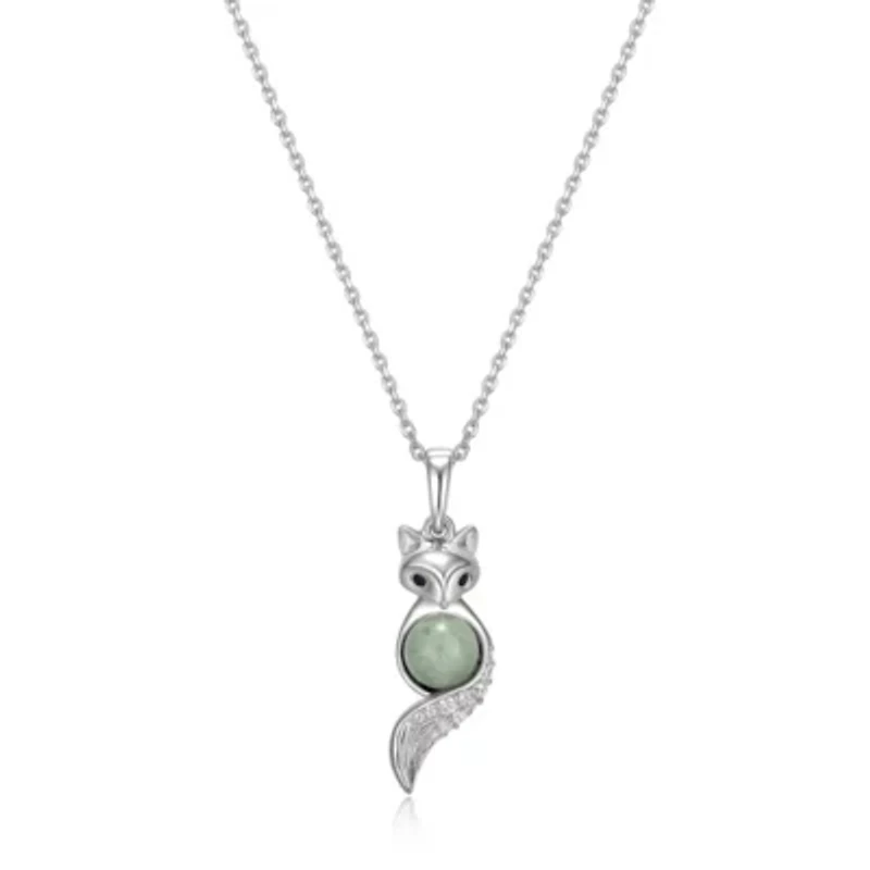 Rhodium Plated Sterling Silver Genuine Jade Fox Pendant Necklace