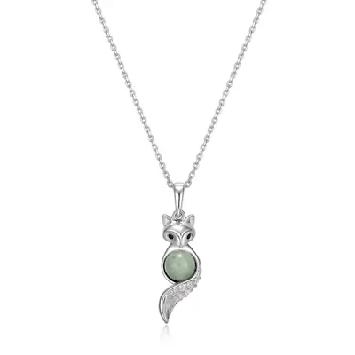 Rhodium Plated Sterling Silver Genuine Jade Fox Pendant Necklace