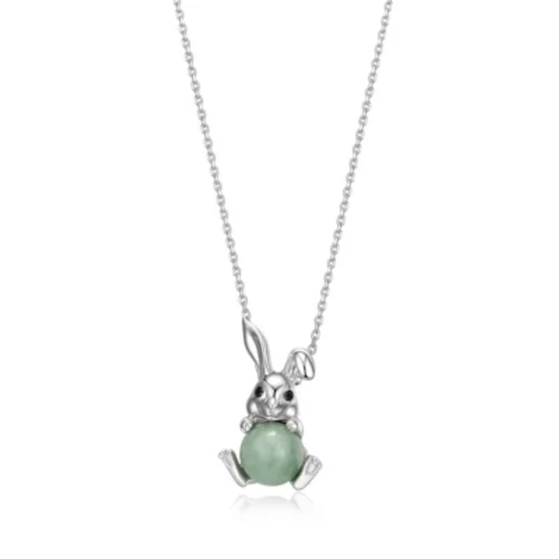Rhodium Plated Sterling Silver Genuine Jade Rabit Pendant