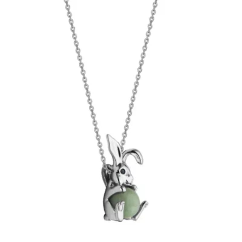 Rhodium Plated Sterling Silver Genuine Jade Rabit Pendant