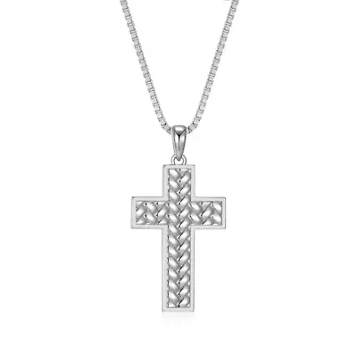 Rhodium Plated Sterling Silver Men's Cross Pendant Necklace