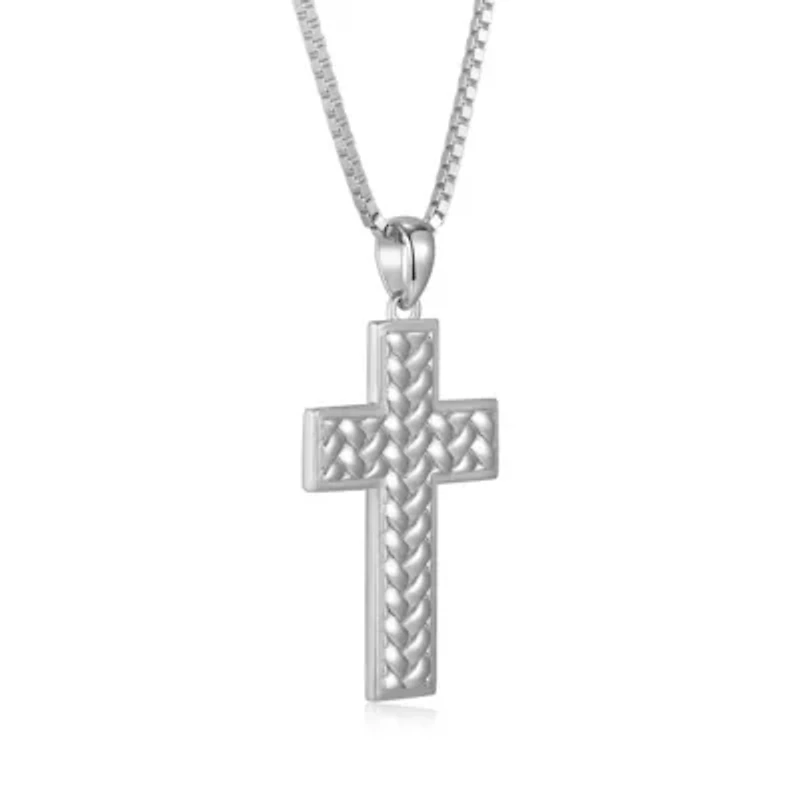 Rhodium Plated Sterling Silver Men's Cross Pendant Necklace