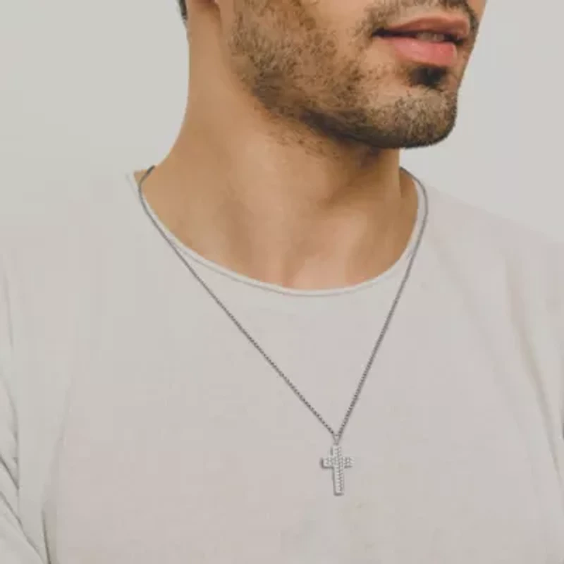 Rhodium Plated Sterling Silver Men's Cross Pendant Necklace
