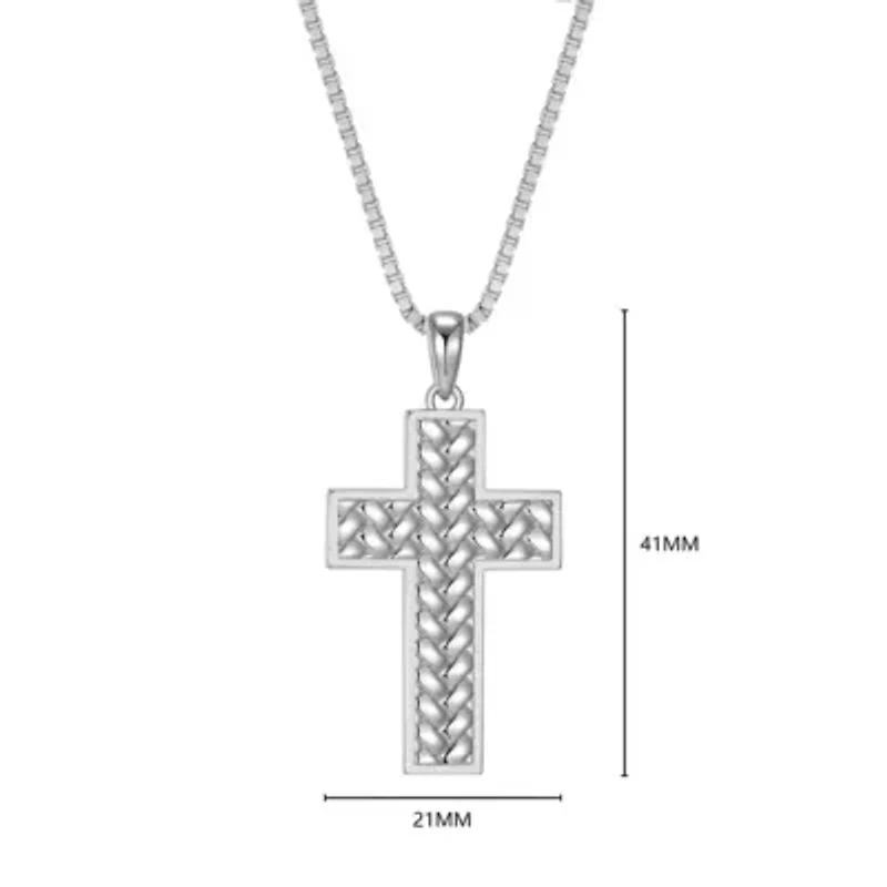 Rhodium Plated Sterling Silver Men's Cross Pendant Necklace