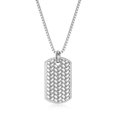 Rhodium Plated Sterling Silver Men's Dog Tag Pendant Necklace