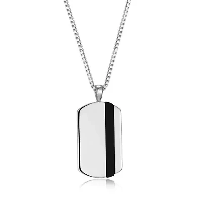 Men's Genuine Black Onyx Dog Tag Pendant Necklace in Rhodium Plated Sterling Silver