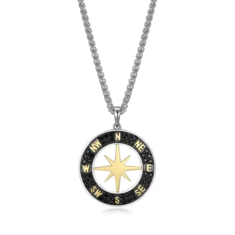 Men's Genuine Black Spinel Compass Pendant Necklace in 18K Gold and Rhodium Plated Sterling Silver