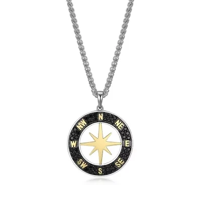 Men's Genuine Black Spinel Compass Pendant Necklace in 18K Gold and Rhodium Plated Sterling Silver