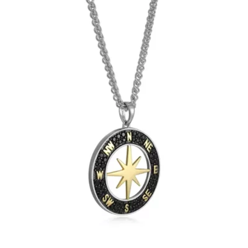 Men's Genuine Black Spinel Compass Pendant Necklace in 18K Gold and Rhodium Plated Sterling Silver