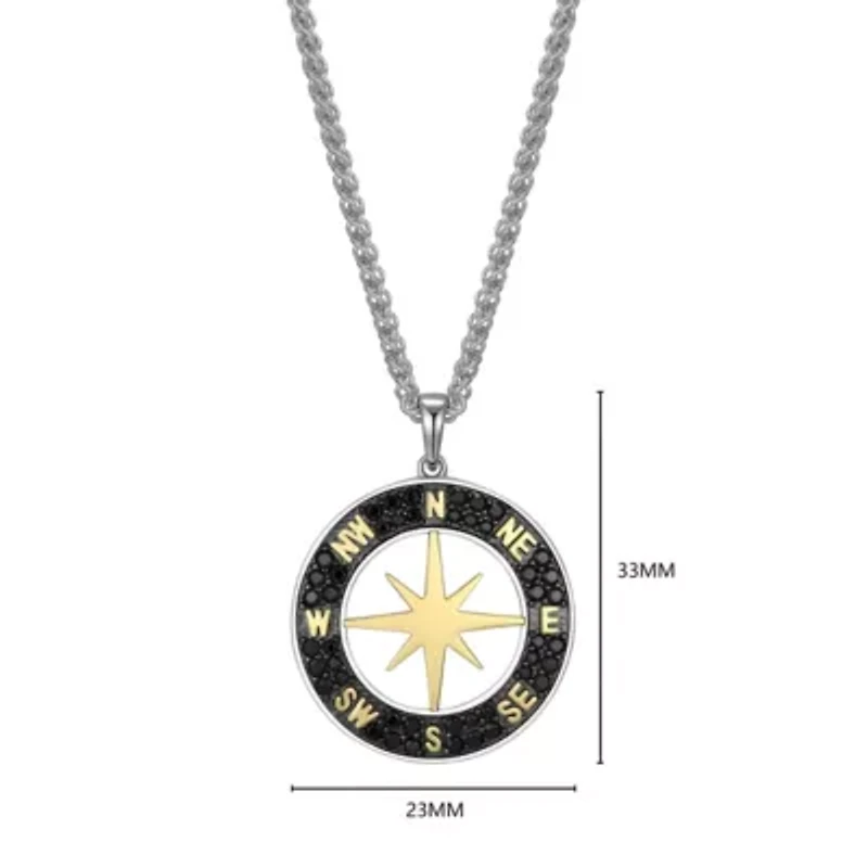 Men's Genuine Black Spinel Compass Pendant Necklace in 18K Gold and Rhodium Plated Sterling Silver