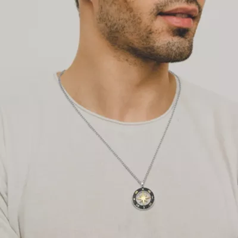 Men's Genuine Black Spinel Compass Pendant Necklace in 18K Gold and Rhodium Plated Sterling Silver