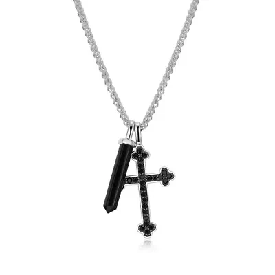 Men's Genuine Onyx and Black Spinel Cross Pendant Necklace in Rhodium Plated Sterling Silver