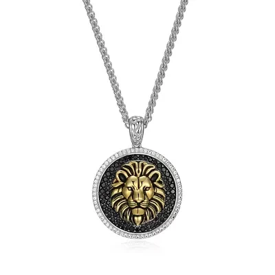 Men's Genuine Black Spinel and Created White Sapphire Lion Pendant Necklace in 18k Gold And Rhodium Plated Sterling Silver