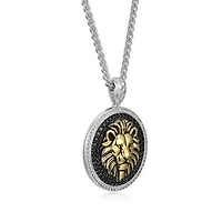 Men's Genuine Black Spinel and Created White Sapphire Lion Pendant Necklace in 18k Gold And Rhodium Plated Sterling Silver
